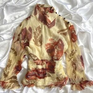 W.D.N.Y. Silk Floral Ruched Blouse High Neck Button Side Tan Red Large